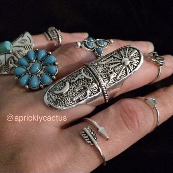 🌵Setof9 Boho Cactus Silver Turquoise Midi Rings - Picture 5 of 8